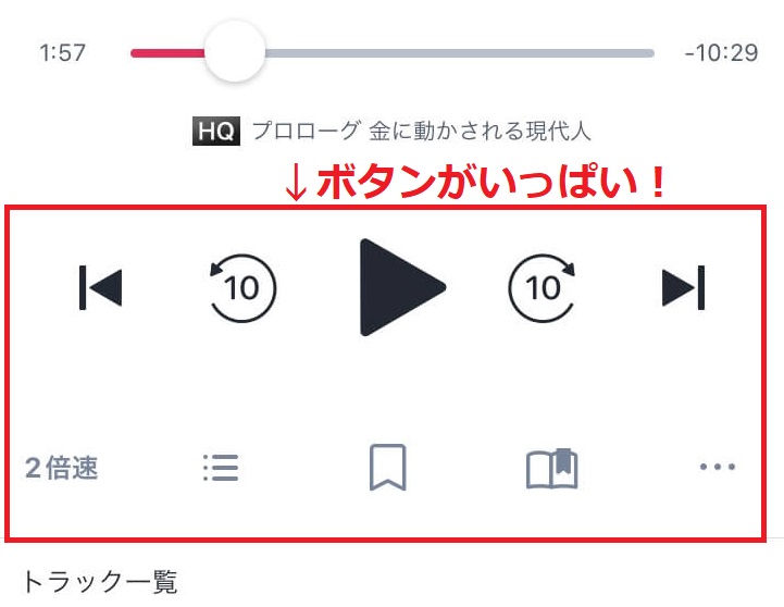 audiobook.jpの再生画面でたくさんのボタンが表示されている画像